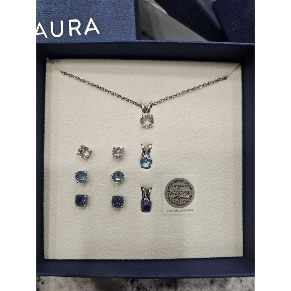 AURA Crystal Jewelry Set Silver Tone Necklace Pendant & Earrings, Round Clear